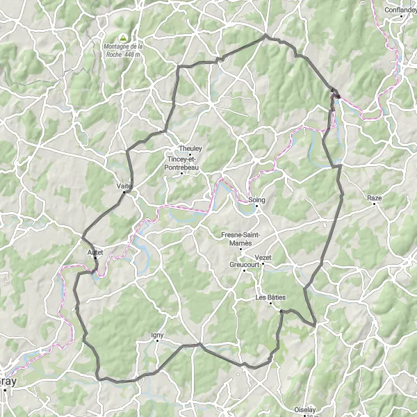 Miniature de la carte de l'inspiration cycliste "Parcours entre nature et patrimoine" dans la Franche-Comté, France. Générée par le planificateur d'itinéraire cycliste Tarmacs.app