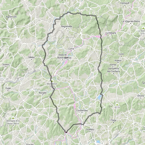 Miniature de la carte de l'inspiration cycliste "Boucle à vélo sur route au départ de Scey-sur-Saône-et-Saint-Albin" dans la Franche-Comté, France. Générée par le planificateur d'itinéraire cycliste Tarmacs.app