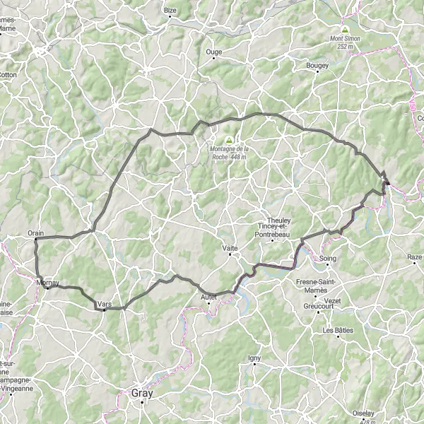 Miniature de la carte de l'inspiration cycliste "Parcours pittoresque le long de la Saône" dans la Franche-Comté, France. Générée par le planificateur d'itinéraire cycliste Tarmacs.app