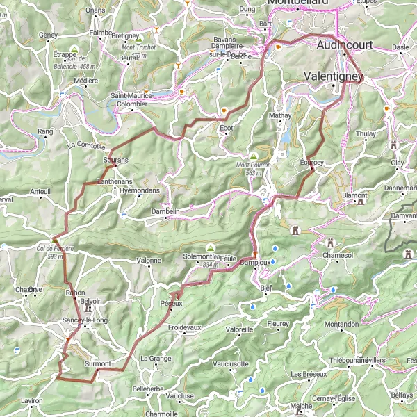 Miniature de la carte de l'inspiration cycliste "Parcours Gravel vers Arbouans" dans la Franche-Comté, France. Générée par le planificateur d'itinéraire cycliste Tarmacs.app
