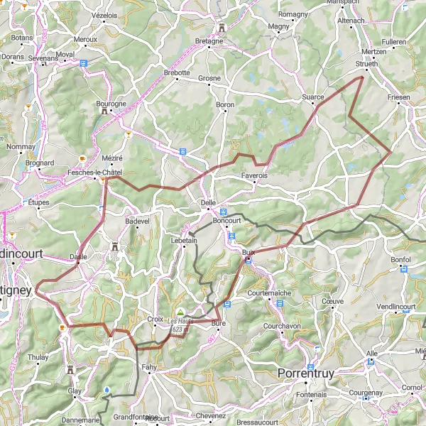 Map miniature of "Picturesque Gravel Route Through Suarce and Hérimoncourt" cycling inspiration in Franche-Comté, France. Generated by Tarmacs.app cycling route planner