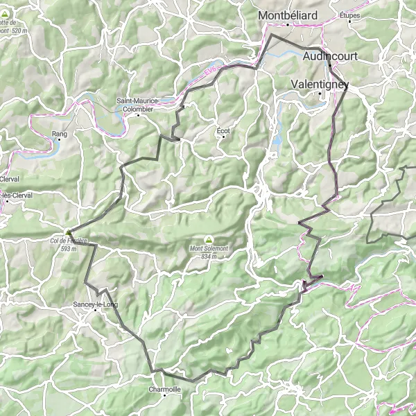 Miniature de la carte de l'inspiration cycliste "Boucle autour de Seloncourt" dans la Franche-Comté, France. Générée par le planificateur d'itinéraire cycliste Tarmacs.app