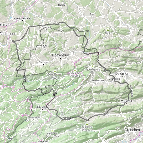 Miniature de la carte de l'inspiration cycliste "Itinéraire Route jusqu'à Mont Girod" dans la Franche-Comté, France. Générée par le planificateur d'itinéraire cycliste Tarmacs.app