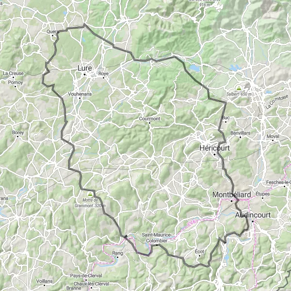 Miniature de la carte de l'inspiration cycliste "Parcours des Montagnes" dans la Franche-Comté, France. Générée par le planificateur d'itinéraire cycliste Tarmacs.app