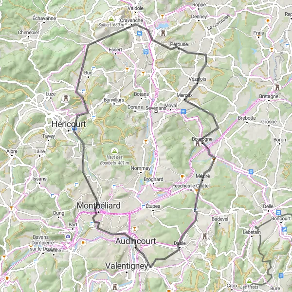 Map miniature of "Scenic Road Cycling Route Through Belfort and Montbéliard" cycling inspiration in Franche-Comté, France. Generated by Tarmacs.app cycling route planner