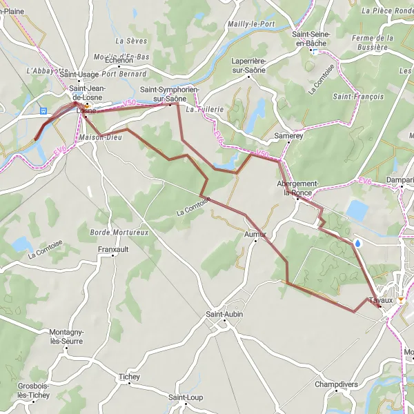 Map miniature of "Gravel Adventure through Burgundy" cycling inspiration in Franche-Comté, France. Generated by Tarmacs.app cycling route planner