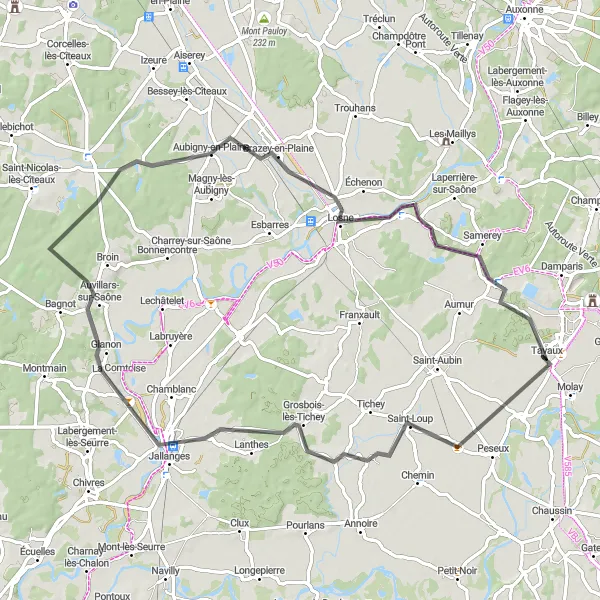 Miniature de la carte de l'inspiration cycliste "La Boucle de Saône-et-Loire" dans la Franche-Comté, France. Générée par le planificateur d'itinéraire cycliste Tarmacs.app