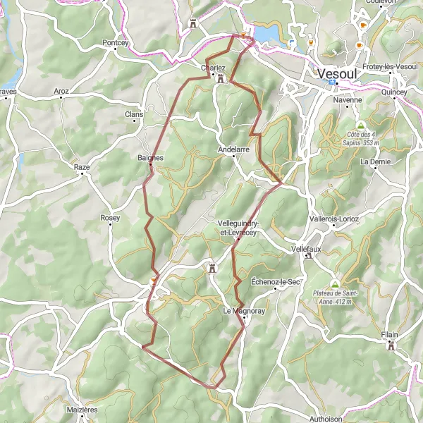 Miniature de la carte de l'inspiration cycliste "Escapade Gravel à Vaivre-et-Montoille" dans la Franche-Comté, France. Générée par le planificateur d'itinéraire cycliste Tarmacs.app
