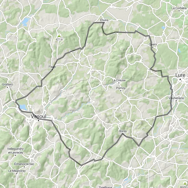 Miniature de la carte de l'inspiration cycliste "Parcours des Sept Collines" dans la Franche-Comté, France. Générée par le planificateur d'itinéraire cycliste Tarmacs.app