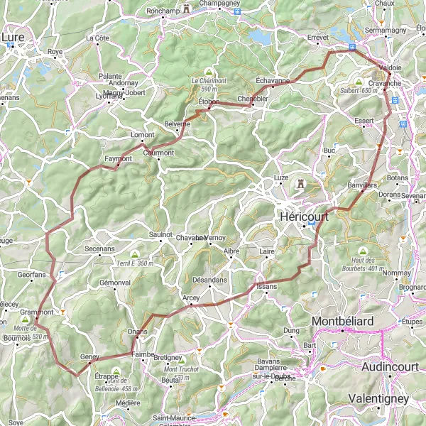 Map miniature of "Gravel Adventure: Valdoie to Évette-Salbert" cycling inspiration in Franche-Comté, France. Generated by Tarmacs.app cycling route planner