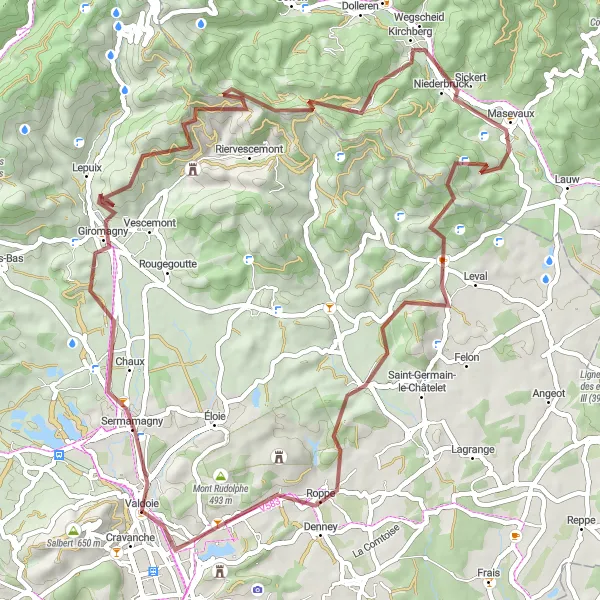 Map miniature of "Valdoie to Lepuix Gravel Route" cycling inspiration in Franche-Comté, France. Generated by Tarmacs.app cycling route planner