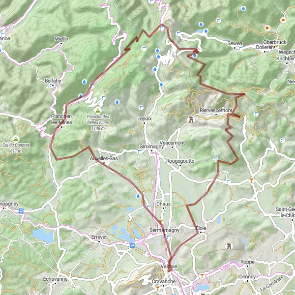 Map miniature of "Valdoie to Lamadeleine-Val-des-Anges Gravel Route" cycling inspiration in Franche-Comté, France. Generated by Tarmacs.app cycling route planner