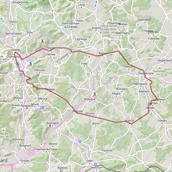Miniature de la carte de l'inspiration cycliste "Les Collines de Belfort en Gravel" dans la Franche-Comté, France. Générée par le planificateur d'itinéraire cycliste Tarmacs.app