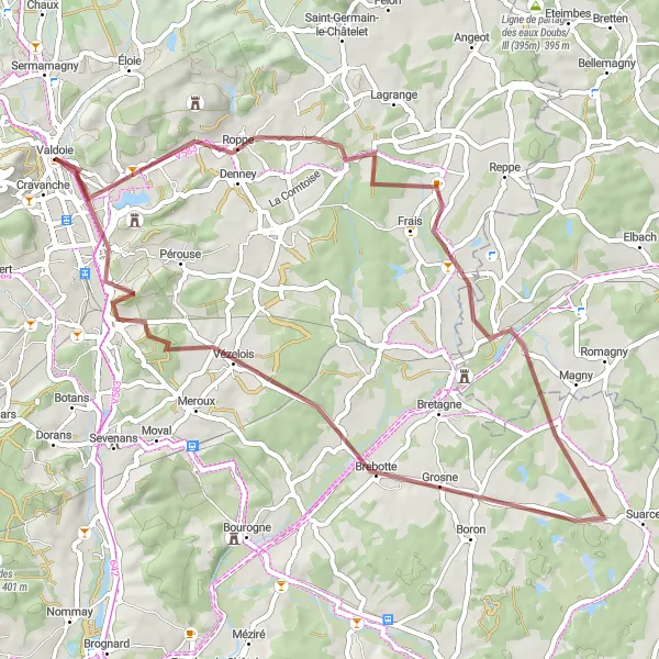 Map miniature of "Valdoie to Belfort Gravel Route" cycling inspiration in Franche-Comté, France. Generated by Tarmacs.app cycling route planner