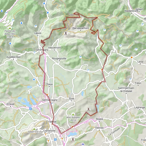 Miniature de la carte de l'inspiration cycliste "Les Montagnes du Territoire de Belfort" dans la Franche-Comté, France. Générée par le planificateur d'itinéraire cycliste Tarmacs.app