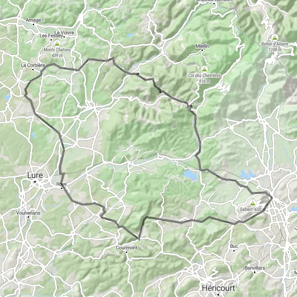Miniature de la carte de l'inspiration cycliste "Tour des Vignobles et Collines" dans la Franche-Comté, France. Générée par le planificateur d'itinéraire cycliste Tarmacs.app