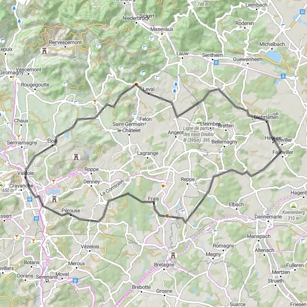 Map miniature of "Valdoie to Cravanche Road Route" cycling inspiration in Franche-Comté, France. Generated by Tarmacs.app cycling route planner