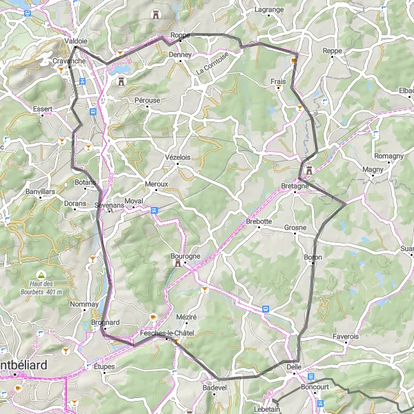 Map miniature of "Valdoie to Valdoie Loop via Roppe, Foussemagne, Delle, Allenjoie, Panorama sur Belfort Nord, and Cravanche" cycling inspiration in Franche-Comté, France. Generated by Tarmacs.app cycling route planner