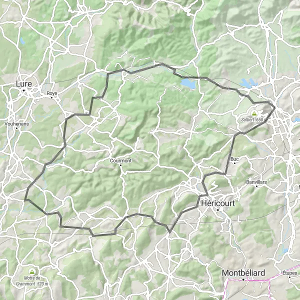 Miniature de la carte de l'inspiration cycliste "Les Montagnes du Terril en Vélo de Route" dans la Franche-Comté, France. Générée par le planificateur d'itinéraire cycliste Tarmacs.app
