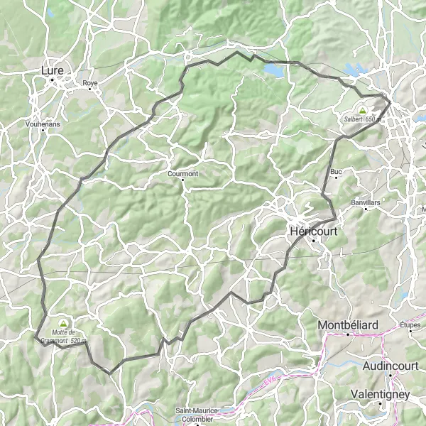Map miniature of "Valdoie to Saint-Julien-lès-Montbéliard Road Route" cycling inspiration in Franche-Comté, France. Generated by Tarmacs.app cycling route planner