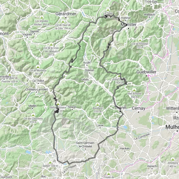 Miniature de la carte de l'inspiration cycliste "Les Sommets des Vosges en Vélo de Route" dans la Franche-Comté, France. Générée par le planificateur d'itinéraire cycliste Tarmacs.app