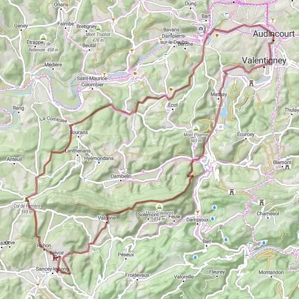 Miniature de la carte de l'inspiration cycliste "Les Côtes de Ferrière" dans la Franche-Comté, France. Générée par le planificateur d'itinéraire cycliste Tarmacs.app
