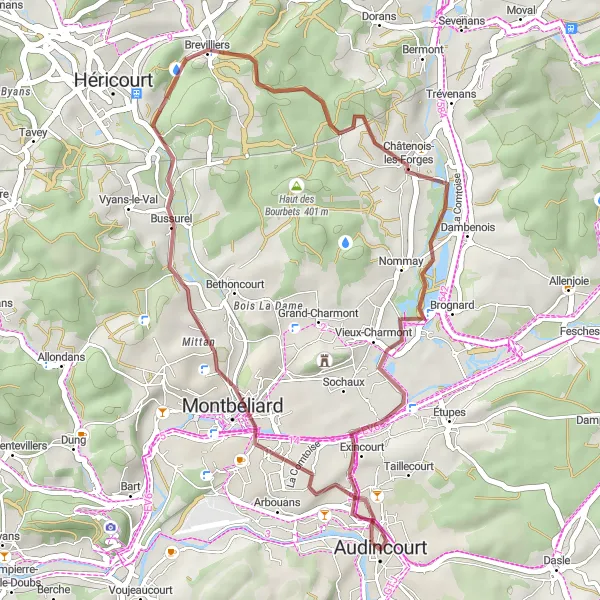 Map miniature of "The Audincourt Gravel Loop" cycling inspiration in Franche-Comté, France. Generated by Tarmacs.app cycling route planner