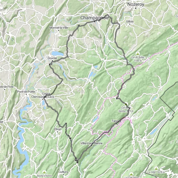 Miniature de la carte de l'inspiration cycliste "Boucle des Lacs Jurassiens" dans la Franche-Comté, France. Générée par le planificateur d'itinéraire cycliste Tarmacs.app