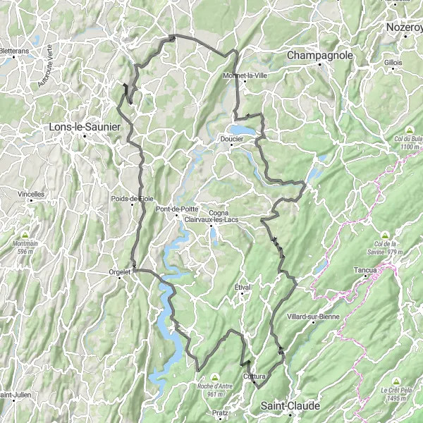 Miniature de la carte de l'inspiration cycliste "Les Grands Cols Jurassiens" dans la Franche-Comté, France. Générée par le planificateur d'itinéraire cycliste Tarmacs.app