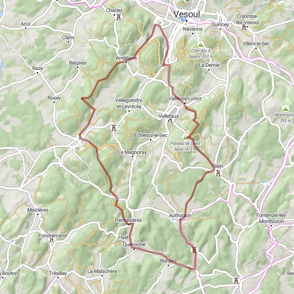 Miniature de la carte de l'inspiration cycliste "Le Tour des Collines Vertes" dans la Franche-Comté, France. Générée par le planificateur d'itinéraire cycliste Tarmacs.app