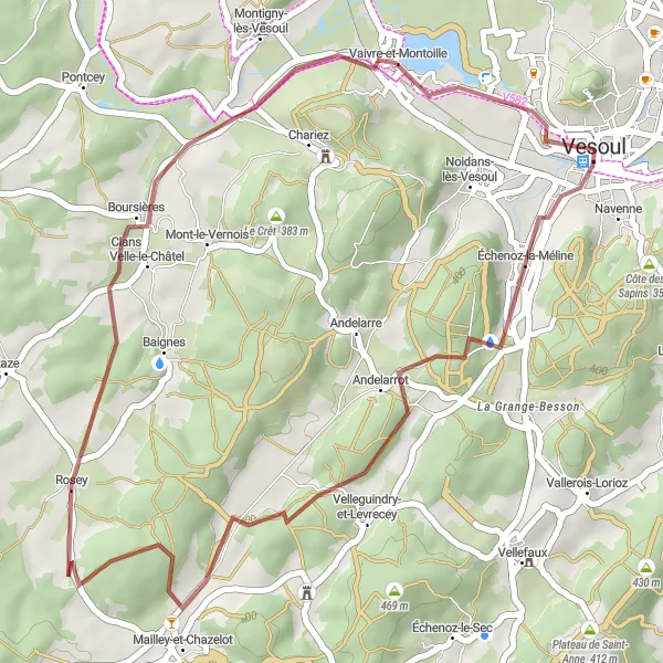 Map miniature of "Scenic Gravel Route - Vesoul to Boursières" cycling inspiration in Franche-Comté, France. Generated by Tarmacs.app cycling route planner