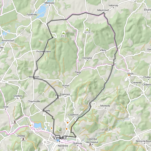 Miniature de la carte de l'inspiration cycliste "La Boucle de la Villedieu-en-Fontenette" dans la Franche-Comté, France. Générée par le planificateur d'itinéraire cycliste Tarmacs.app