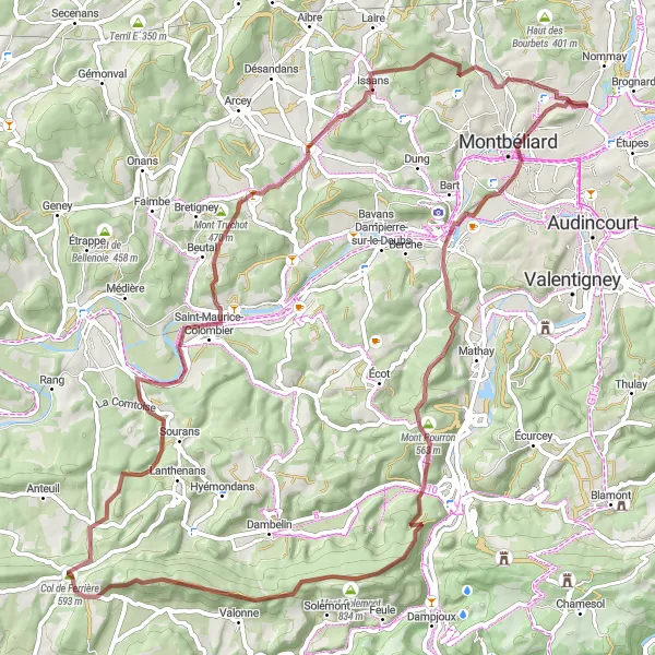 Miniature de la carte de l'inspiration cycliste "Boucle du Mont Pourron" dans la Franche-Comté, France. Générée par le planificateur d'itinéraire cycliste Tarmacs.app