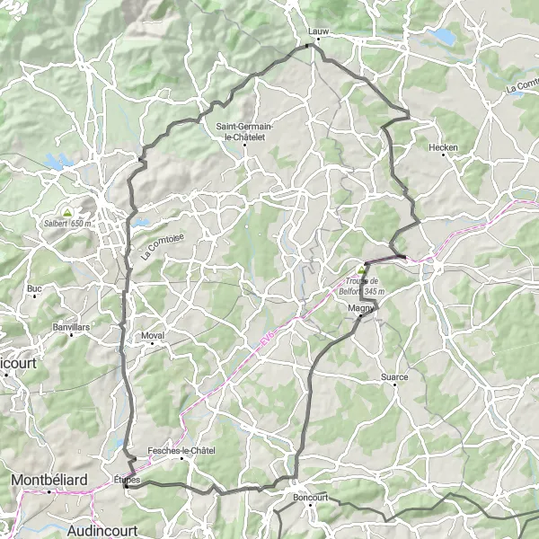 Miniature de la carte de l'inspiration cycliste "La Route des Vallées" dans la Franche-Comté, France. Générée par le planificateur d'itinéraire cycliste Tarmacs.app