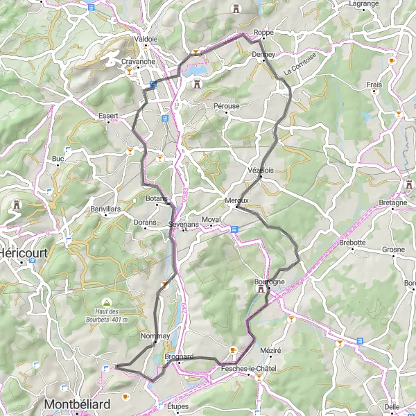 Miniature de la carte de l'inspiration cycliste "Circuit pittoresque à travers les villages" dans la Franche-Comté, France. Générée par le planificateur d'itinéraire cycliste Tarmacs.app