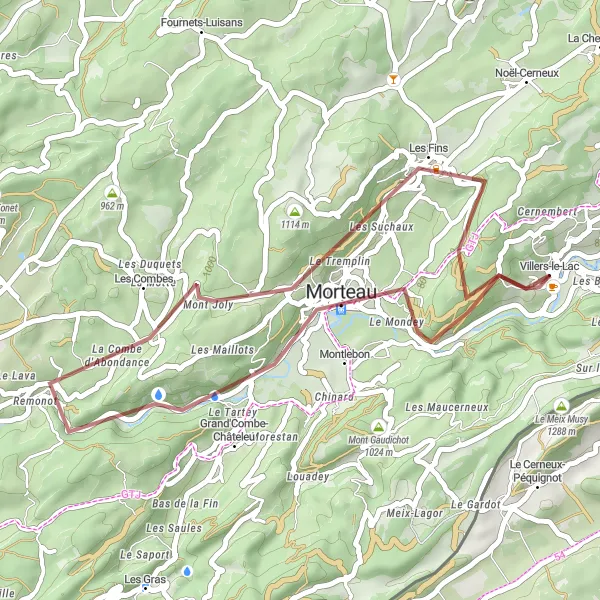 Miniature de la carte de l'inspiration cycliste "Boucle du Saut du Doubs" dans la Franche-Comté, France. Générée par le planificateur d'itinéraire cycliste Tarmacs.app