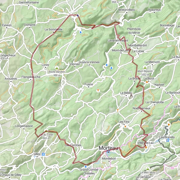 Miniature de la carte de l'inspiration cycliste "Boucle des Montagnes du Jura" dans la Franche-Comté, France. Générée par le planificateur d'itinéraire cycliste Tarmacs.app