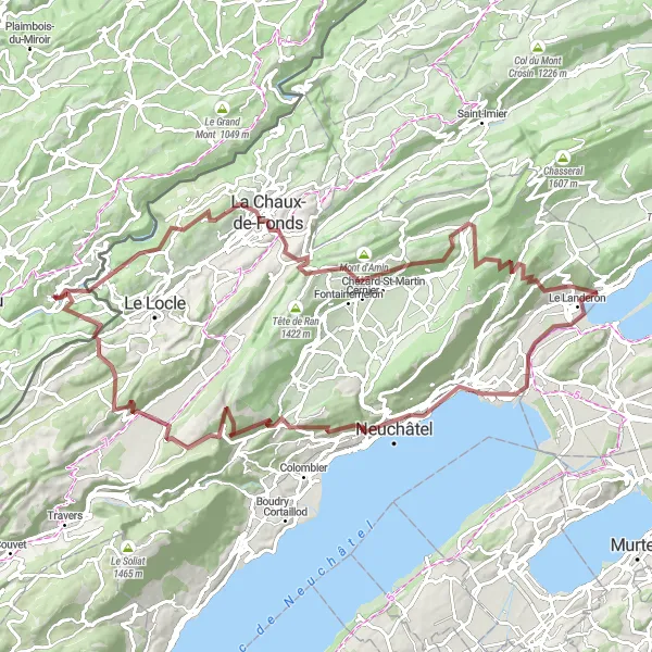 Miniature de la carte de l'inspiration cycliste "Parcours Gravel autour de Neuchâtel" dans la Franche-Comté, France. Générée par le planificateur d'itinéraire cycliste Tarmacs.app