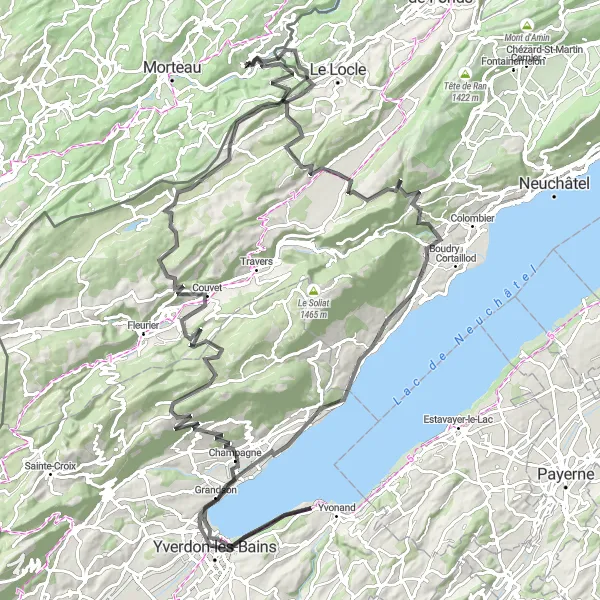 Miniature de la carte de l'inspiration cycliste "Tour du Lac de Neuchâtel" dans la Franche-Comté, France. Générée par le planificateur d'itinéraire cycliste Tarmacs.app