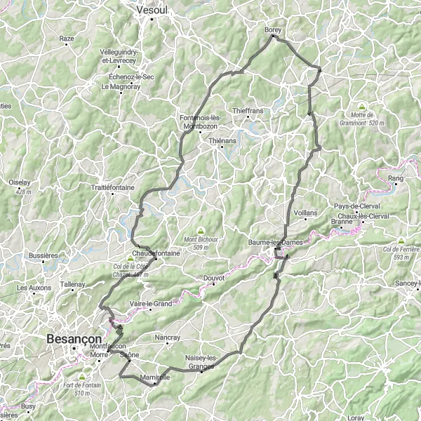 Map miniature of "Les Roches de Nans and Beyond" cycling inspiration in Franche-Comté, France. Generated by Tarmacs.app cycling route planner