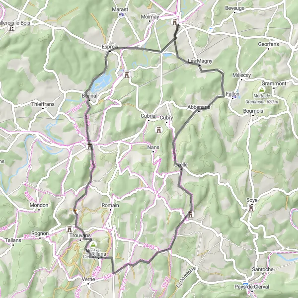 Map miniature of "Villersexel and Surrounding Highlights" cycling inspiration in Franche-Comté, France. Generated by Tarmacs.app cycling route planner