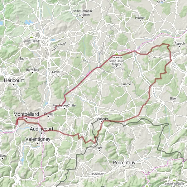 Map miniature of "Journey through the Mountains and Valleys" cycling inspiration in Franche-Comté, France. Generated by Tarmacs.app cycling route planner