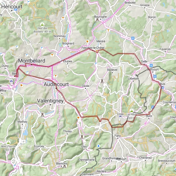 Map miniature of "Gravel Adventure" cycling inspiration in Franche-Comté, France. Generated by Tarmacs.app cycling route planner