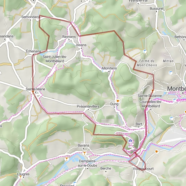 Miniature de la carte de l'inspiration cycliste "Parcours court gravel autour de Voujeaucourt" dans la Franche-Comté, France. Générée par le planificateur d'itinéraire cycliste Tarmacs.app
