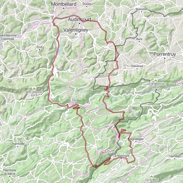 Miniature de la carte de l'inspiration cycliste "Défi gravelleux près de Voujeaucourt" dans la Franche-Comté, France. Générée par le planificateur d'itinéraire cycliste Tarmacs.app