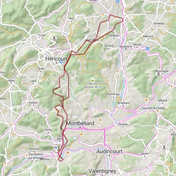 Miniature de la carte de l'inspiration cycliste "Parcours des Monts de Banvillars" dans la Franche-Comté, France. Générée par le planificateur d'itinéraire cycliste Tarmacs.app