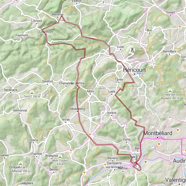 Miniature de la carte de l'inspiration cycliste "Belverne Gravel Loop" dans la Franche-Comté, France. Générée par le planificateur d'itinéraire cycliste Tarmacs.app