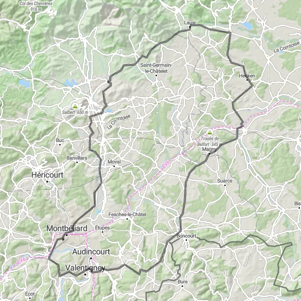 Miniature de la carte de l'inspiration cycliste "Boucle de Belfort et de l'Étang" dans la Franche-Comté, France. Générée par le planificateur d'itinéraire cycliste Tarmacs.app