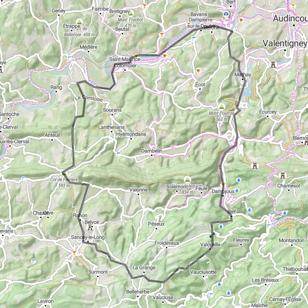 Miniature de la carte de l'inspiration cycliste "Circuit des Montagnes de Franche-Comté" dans la Franche-Comté, France. Générée par le planificateur d'itinéraire cycliste Tarmacs.app