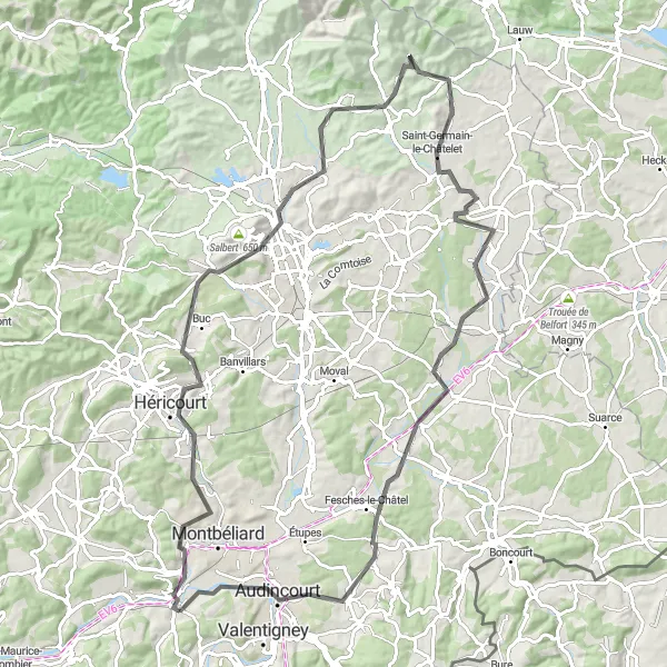 Map miniature of "The Jura Ridge" cycling inspiration in Franche-Comté, France. Generated by Tarmacs.app cycling route planner